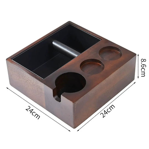 Heavy Duty Espresso Knock Box With Dedicated Tamper Dock Solid Wood Grind Catch Cup No Sweat Dosing Tray For A Clean Home Barista Kitchen Counter Setup, walnut wood with tamper holder.
