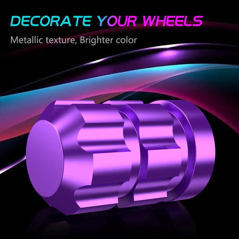 Vibrant Purple Tire Valve Stem Caps 4 Pack, Rustproof Metal Caps With Fade Resistant Finish on dark background