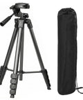 Ultra Lightweight 68 Inch Aluminum Laser Level Tripod With Bubble Level And Quick Release Plate One Quarter Inch Mount shown with carry bag.