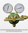 Flame Tech high-pressure piston regulator for inert gases; brass body with dual gauges and T-handle