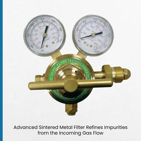 Flame Tech high-pressure piston regulator for inert gases; brass body with dual gauges and T-handle