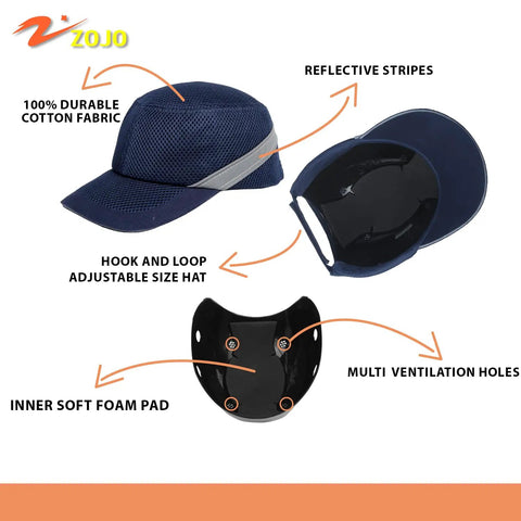 Five Pack Reflective Baseball Bump Cap Hard Hat Breathable Lightweight Safety Helmet For Men And Women Adjustable Hook And Loop Fit Mesh Navy Blue Version Worksite Ready All Day Comfort with inner foam pad and ventilation holes.