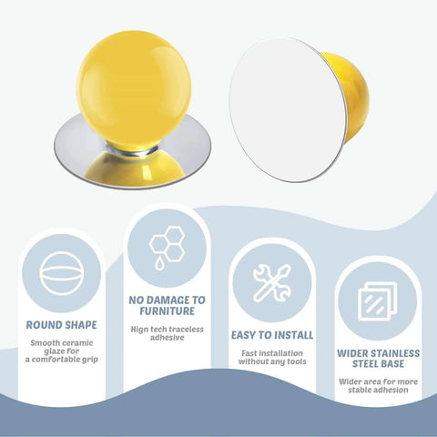 Slick Self Stick Cabinet Knobs 10 Pack Yellow Ceramic Ball Pulls Drill Free Durable Adhesive Drawer Hardware showing round shape and sturdy base.