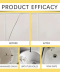 Before and after repair of ceramic tile crack, chinaware crack, bathtub hole, and sink gaps using All In One Tile And Stone Crack Repair Kit With Quick Drying Glue For DIY Fixes On Ceramic Porcelain Tile Wall Chips And Stone Surfaces Includes Color Matching Paste And Full Applicator Tools 2 Pack