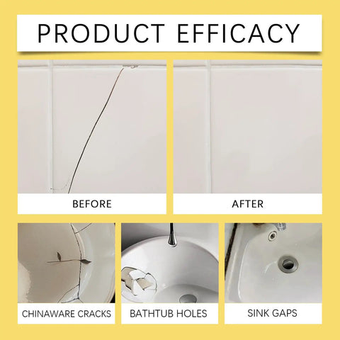 Before and after repair of ceramic tile crack, chinaware crack, bathtub hole, and sink gaps using All In One Tile And Stone Crack Repair Kit With Quick Drying Glue For DIY Fixes On Ceramic Porcelain Tile Wall Chips And Stone Surfaces Includes Color Matching Paste And Full Applicator Tools 2 Pack