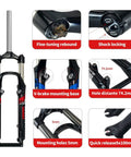 26 Inch Mountain Bike Suspension Fork With 100mm Travel Mechanical Lockout One And One Eighth Inch Straight Tube 9mm QR Disc And V Brake Compatible Dual Mount Lightweight Aluminum Black Blue with detailed parts and measurements shown in infographics.