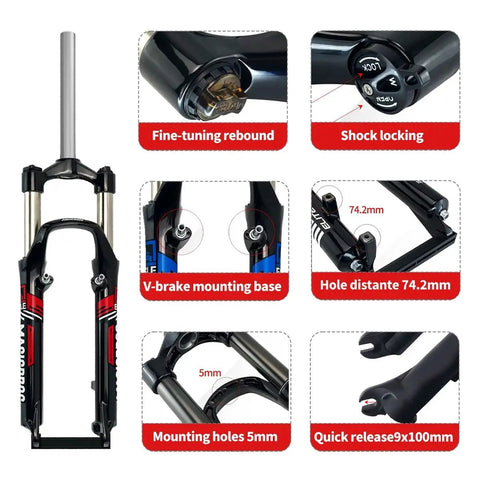 26 Inch Mountain Bike Suspension Fork With 100mm Travel Mechanical Lockout One And One Eighth Inch Straight Tube 9mm QR Disc And V Brake Compatible Dual Mount Lightweight Aluminum Black Blue with detailed parts and measurements shown in infographics.