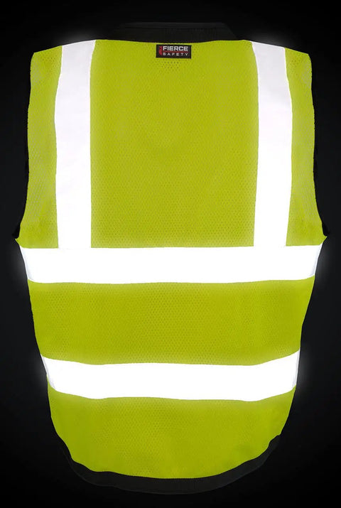 Heavy Duty Green Mesh Surveyors Vest With Loaded Tablet Pockets And Secure Id Sleeve Super Breathable Class Two Compliant Jobsite Safety Gear For Hardcore Seasoned Crews 3XL back view with reflective stripes.