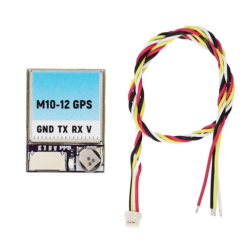 M10 GPS Module For FPV Drones With Ceramic Antenna, Dope 10Hz Positioning, Multi Satellite Support Including GPS GLONASS BDS Galileo QZSS SBAS, 5V Power Supply, Perfect For Racing Drone Builds next to colorful connection wires