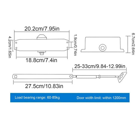 Dimension diagram of Cast Aluminum Door Closer With Adjustable Hydraulic Soft Close And Smart Closing Detection For Hands Free Auto Close, Durable Residential Door System, 24 Inch Model, Smooth, Quiet, Easy Install.