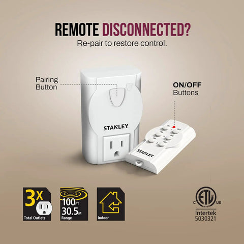 3 Pack Wireless Remote Control Outlet System For Indoor Use With 3 Grounded Outlets And One Remote, 100ft Range, 125V 15A ETL Listed package display