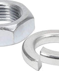 Front view of zinc-plated pitman arm nut and split lock washer; hex nut and lock washer for automotive use