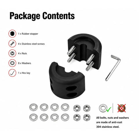 Tough As Nails Rubber Winch Rope Hook Stopper Kit With Super Thick Stainless Steel Hardware Quick Snap Fit Design For Off Road Trailers And Recovery Trucks Keep Your Rig Locked Tight, showing rubber stopper, stainless screws, nuts, washers, and hex key.