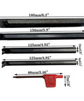 Carbide Turning Inserts And 95 Degree Internal Boring Bar Kit for Steel, showing different sizes with measurements and wrench.