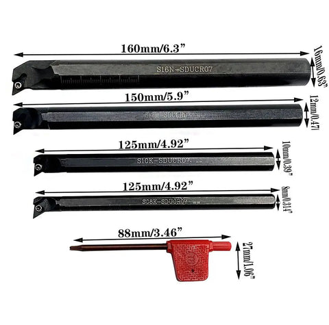 Carbide Turning Inserts And 95 Degree Internal Boring Bar Kit for Steel, showing different sizes with measurements and wrench.