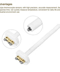 Side view of K Type Ceramic Kiln Thermocouple Probe For Muffle Furnace Oven with detailed connectors for high-temp use