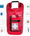 Red must have waterproof emergency kit for boating and outdoor adventures with top roll storage, buckles, first aid items visible.