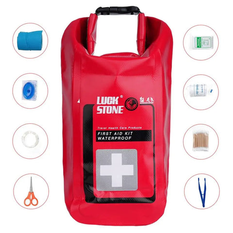 Red must have waterproof emergency kit for boating and outdoor adventures with top roll storage, buckles, first aid items visible.