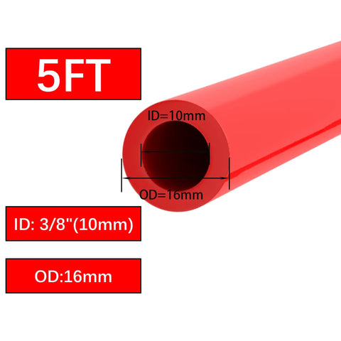 Red 10mm ID Silicone Vacuum Tubing Hose, Five Feet Long, 16mm OD, visible cross-section with measurements on the hose