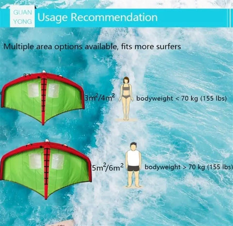 Inflatable Wing Foil For Water Sports With Handheld Surf Wing Dope Setup size guide over ocean waves for different bodyweights