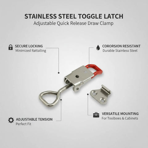 Rugged Stainless Steel Toggle Latch Quick Release Draw Clamp For Toolboxes Cabinets And Storage Cases with red handle and mounting plate.