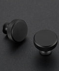 Round Matte Black Knobs And Knurled Single Hole Pulls, solid metal cabinet hardware, front view, durable finish by Ravinte
