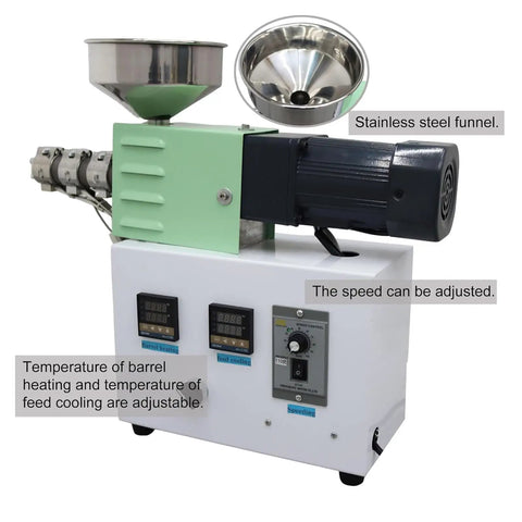 Straight Up Solid 3D Printer Filament Recycler Machine With Super Slick Thermal Controls For Big Time Material Savings On Customizable PLA And ABS Plastic Extrusion, featuring stainless steel funnel and adjustable speed.