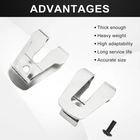 4 Pack Belt Hook Replacement Clips With Screws 636181001 633586002 For 18V Cordless Tools, metal clips and screws displayed