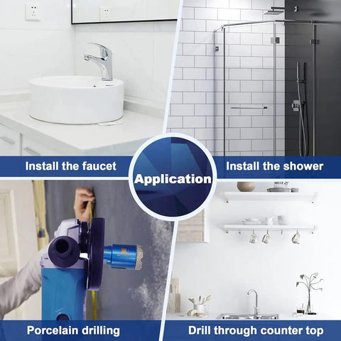 Image showing applications of Heavy Duty Diamond Core Drill Bit Set for porcelain tile, faucet installation, shower, countertop.