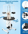 Elevate Your Grooming Game With This Heavy Duty Electric Hydraulic Pet Table Featuring A Rotating Waterproof Top, Remote And Foot Pedal Height Adjustments For Easy Back Saving Lifts Up To 250 Lbs Plus An Overhead Arm Tool Organizer System. Rotatable lockable table top with dog, folding arm, and metal clamp support.