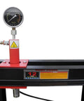 Close-up of pressure gauge on Rugged Gearhead Favorite 12 Ton Manual Hydraulic Shop Press With Eight Height Adjustments And Side Shifting Ram.