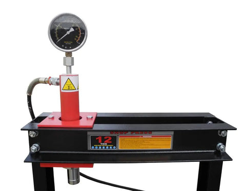 Close-up of pressure gauge on Rugged Gearhead Favorite 12 Ton Manual Hydraulic Shop Press With Eight Height Adjustments And Side Shifting Ram.