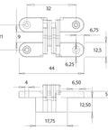 Technical drawing of Invisible Cross Hinge 44 Mm Zamak Hidden Furniture Hinge 180 Degree Foldable Concealed Cabinet Hinge Yellow Galvanised.