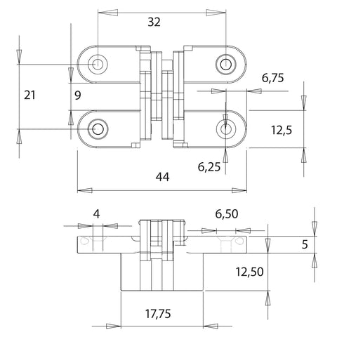 Technical drawing of Invisible Cross Hinge 44 Mm Zamak Hidden Furniture Hinge 180 Degree Foldable Concealed Cabinet Hinge Yellow Galvanised.
