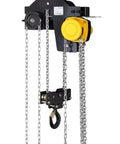 Portable 3 Ton Mini Chain Hoist Built With Slick Gears And Kickass Steel Chains For Tight Low Headroom Shops, showing hooks and chains.