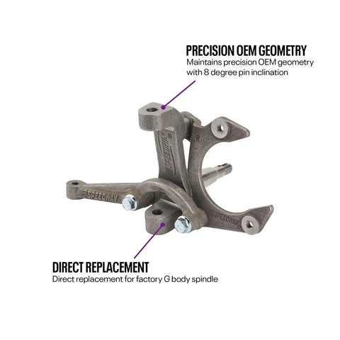 GM Metric Midsize 3 Piece Spindle Kit Beefed Up Forged Heat Treated Steel Direct OEM Replacement, angled view of spindle