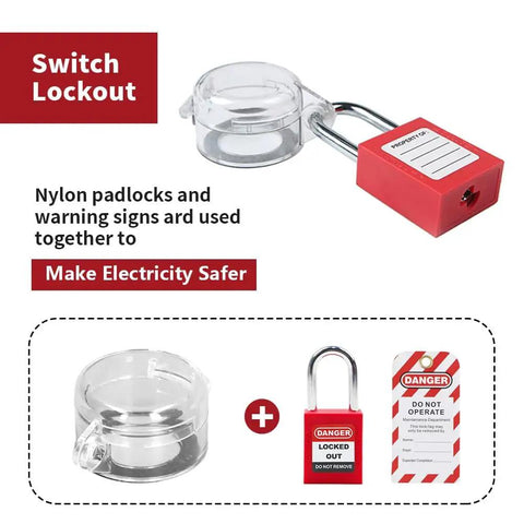 Emergency Stop Button Lockout Cover Kit 1.18 Inch 30mm Round Push Button Switch Guards Padlock Ready with padlock and sign