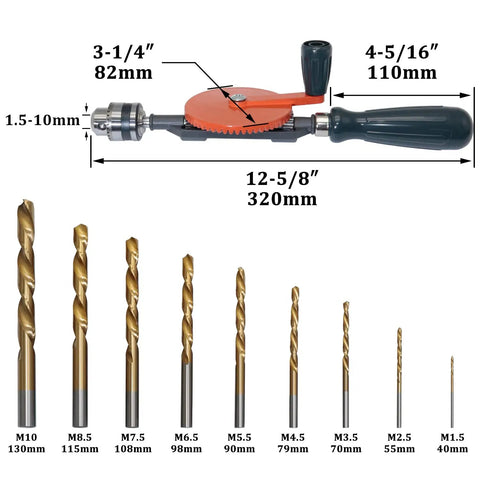 Workhorse Hand Drill Kit Three Eighths Inch Manual Drill With Nine Piece High Speed Steel Bit Set Chuck And Key for Wood Plastic Soft Metal