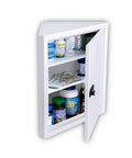 Wall Mount Medicine Cabinet With Code And Key Locks Locking Corner First Aid Cabinet Space Saving Corner Storage With Three Adjustable Shelves Anti Pry Steel Door For Bathroom Office School Home showing interior with shelves