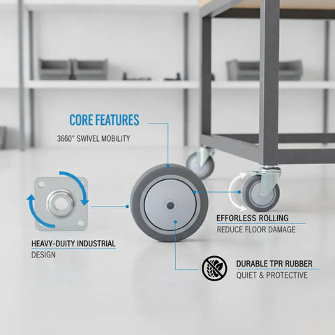 Heavy Duty TPR Plate Caster Wheel for Workspaces and Garages, smooth rolling caster on industrial cart with swivel action detail