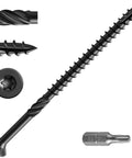 Close-up of Size Ten 3.5 Inch Black Deck Screws For Exterior Wood, Rust Resistant Epoxy Coated, Torx T25 Star Drive