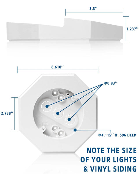 Outdoor Light Mounting Block With Built In Electrical Box For Half Inch Lap Siding, No Fuss Rugged White Vinyl Block For Easy Install, Weatherproof Exterior Lighting Mount, Paintable Surface To Match Your Siding. 6.53 in white vinyl mounting block with built-in box