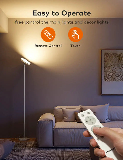 71 Inch Tall LED Floor Lamp With Remote And Touch Control in living room, showing remote close-up and ambient lighting.