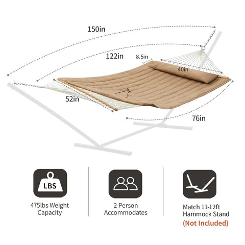 Outdoor Double Hammock With Hardwood Spreader Bars, Ultra Comfy 475 Lbs Capacity For Two, Rope Hammock With Quilted Polyester Pad And Pillow, Detachable Pad For Easy Cleaning, Reinforced Ties, Patio Poolside Tan on dimensions illustration