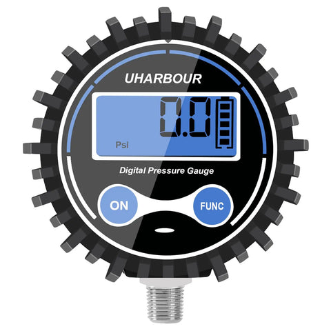 Front view of Digital Air Pressure Gauge 5 To 200 PSI With 2-1/2 Inch Dial 1/8 NPT Fittings Auto Shut Off High Accuracy And Protective Case