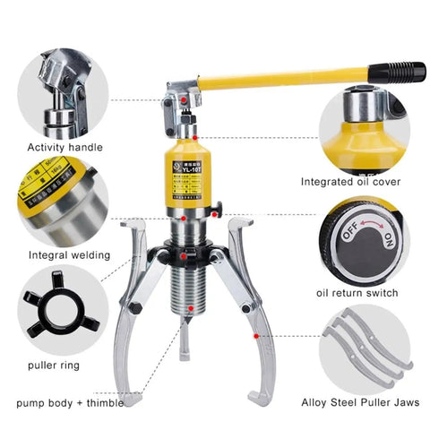 Heavy Duty Three Jaw Hydraulic Gear Puller Rip Out Stubborn Bearings And Hubs With Robust Steel Frame Built Like A Tank Straight Shooting Performance No Nonsense 10 Ton Capacity Workhorse Tool with detailed components shown.
