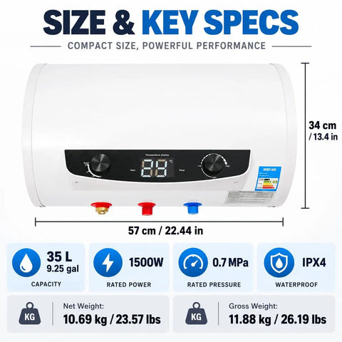 This Electric Water Heater Wall Mount Tank Is A Total Beast With 1500W Fast Heat Element And Bombproof Stainless Steel Plus Thick Enamel Liner Gets You Hot Water In A Jiffy For The Home Vibe At 110V - 9.25 gal size, digital display features.