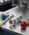 Heavy Duty Auto AC Oil Filter Kit With Visual Glass Tube showing brass adapters and clear filter components on a workbench.