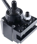 Close-up of steel Eight Piece AXA Wedge Type Quick Change Tool Post Set for Lathes with two oversized holders, Pro Grade 0251-0118.