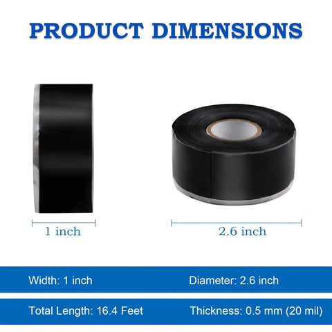 Self Fusing Silicone Tape 1 inch wide 16.4 feet long 0.5mm thick waterproof repair tape product dimensions view